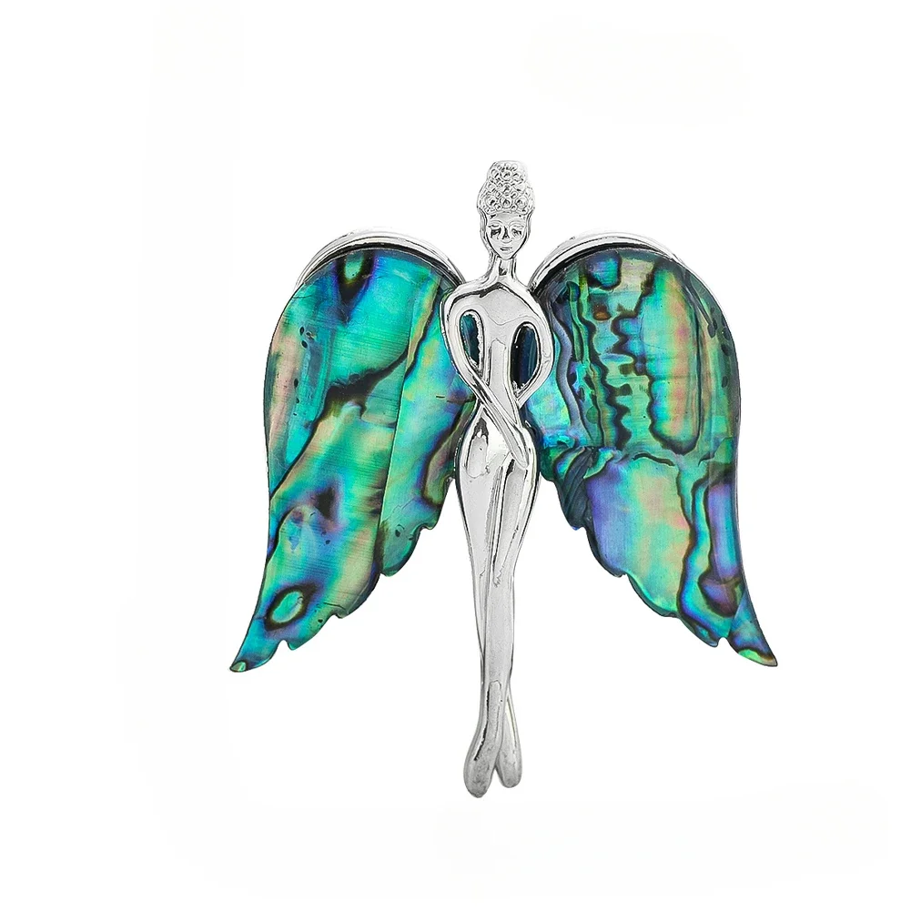 Natural Abalone Shell Carved Wings Metal Base Fairy Brooch Necklace Pendant Angel Wings Badge For Women Dress Fashion Jewelry