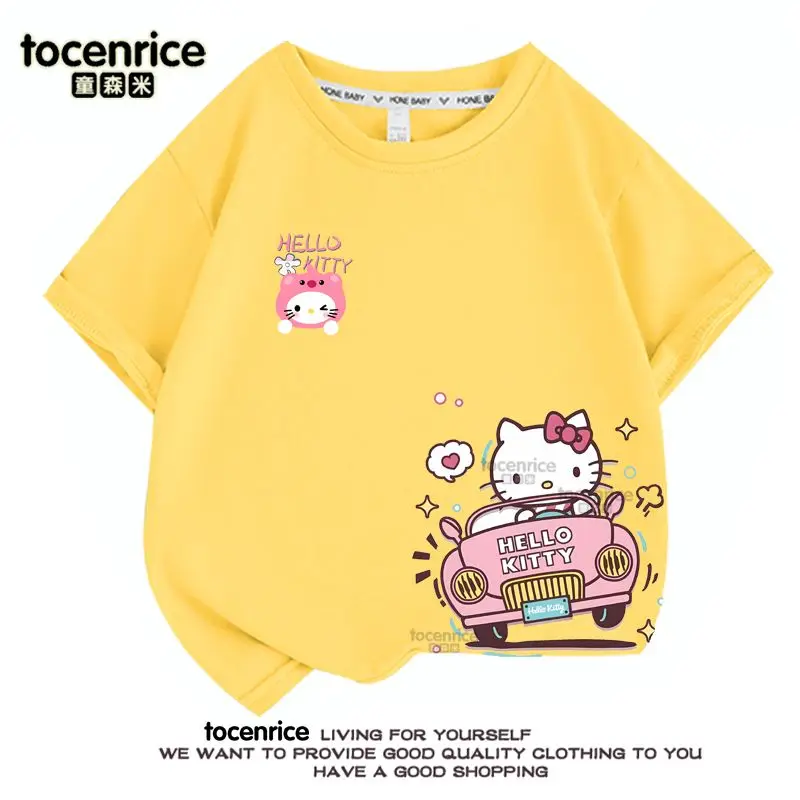 T-Shirt à Manches Courtes en Coton pour Fille, Kawaii, Hello Kittile, Doux, Coréen, Étudiant, Décontracté, Respirant, Cadeaux pour Enfants, Été