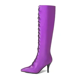 Sweet Knee High Boots Women Shoes Fashion Lace-up Women's High Boots Sexy Purple High Heels Autumn Winter Party Shoes Big Size