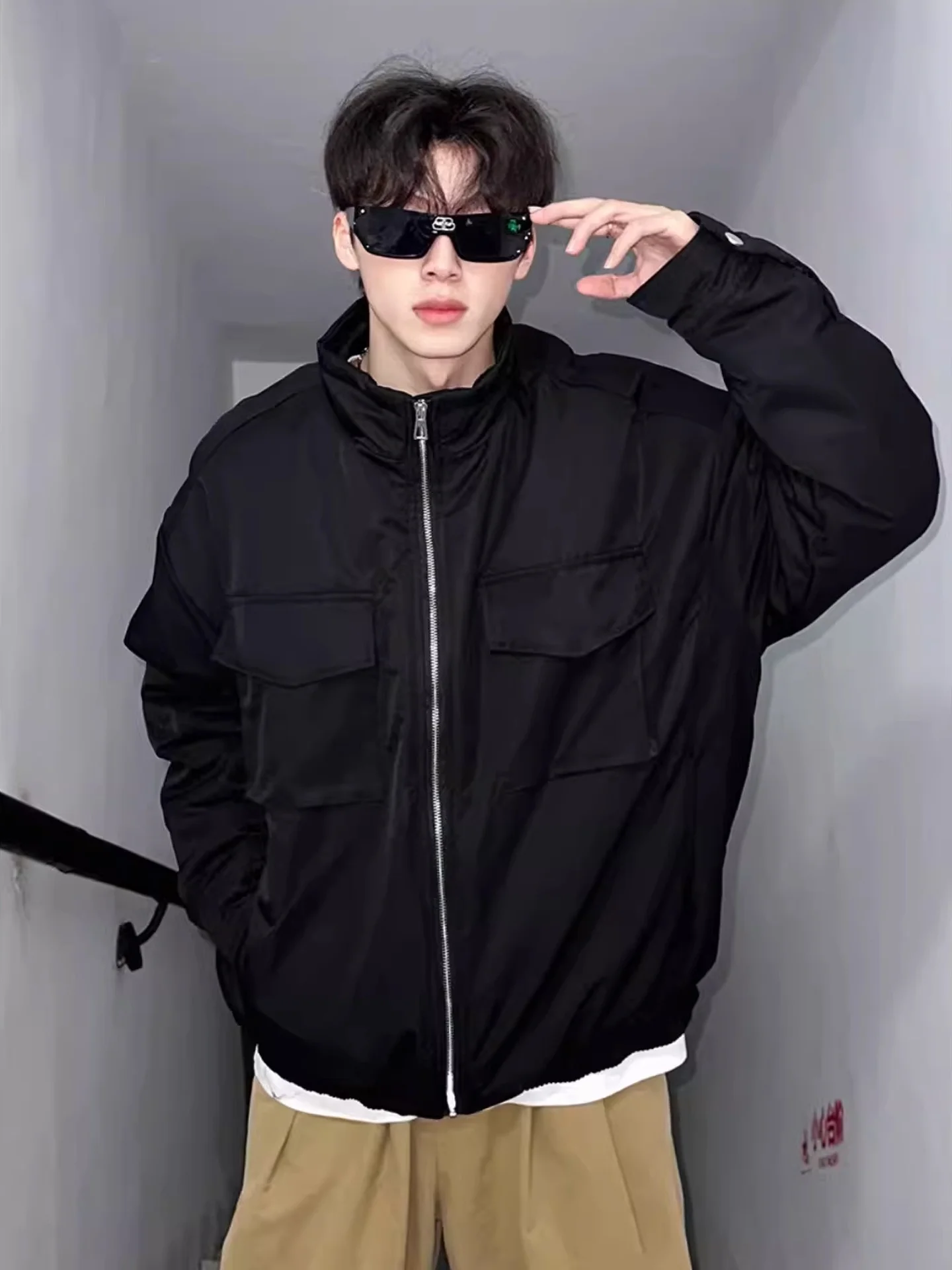 

American Sle ort Stand Collar Workwear Jaet Thiened Warm Cotton Coat for Men Trendy Loose Haome Cotton Clothing