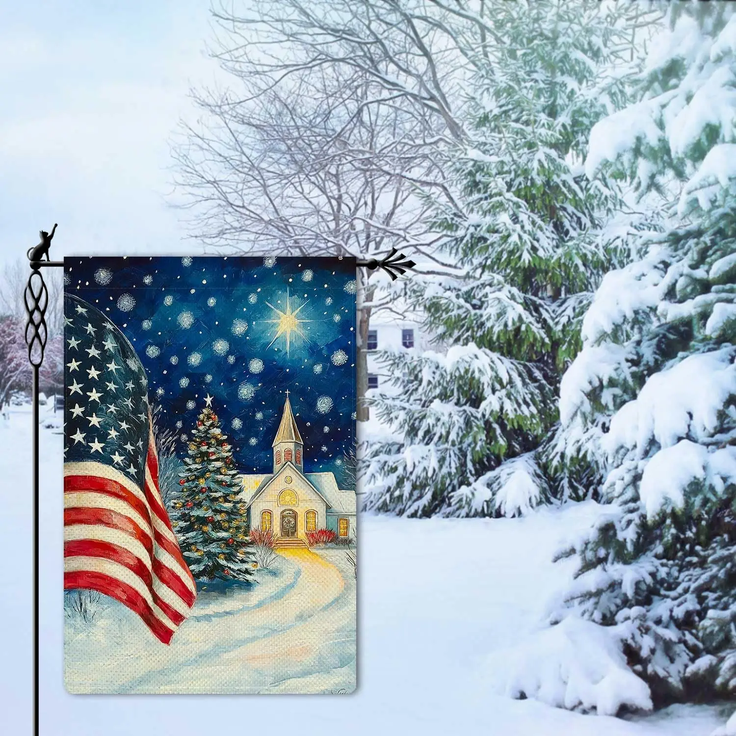 Double-Sided Patriotic American Christmas Winter Yard Decoration Heavy-Duty Outdoor Banner with Snowy Church