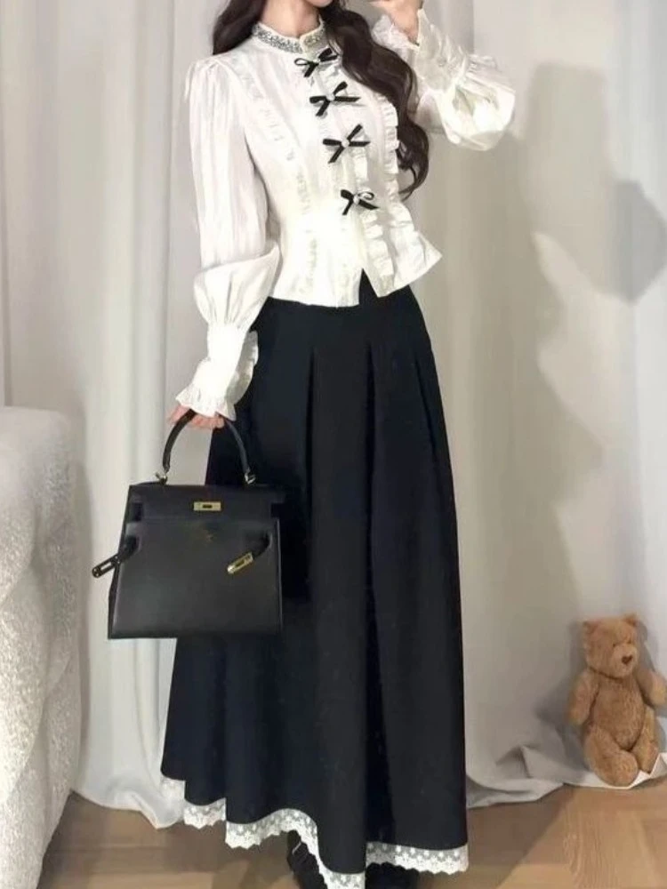 

Элегантный французский винтажный комплект из 2 предметов, женская рубашка с длинным рукавом и милым дизайном с бантом + длинная плиссированная юбка, новый модный тонкий осенний наряд