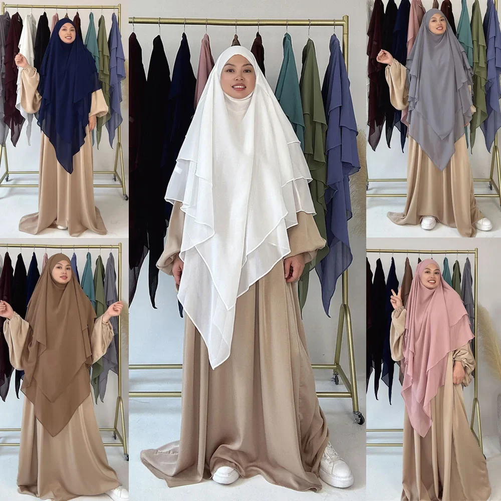 Khimar Muslim Women Long Hijab 3 Layers Prayer Scarf Eid Islamic Clothing Ramadan Burqa Robe Nikab Headscarf Tops Abaya Abayas