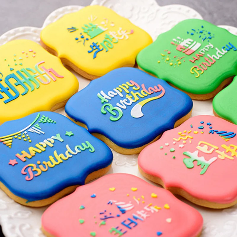 Fondant Cookie Spray Stencil Happy Birthday Cookie Embosser Template Baby Shower Party Frosting Dessert Hollow Decorating Tools