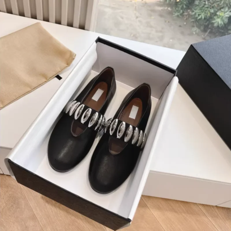 Designer Brand Original Metal Buckle Mary Jane Single Shoe Women's Summer Silver Genuine Leather One Foot Flat Ballet Shoes