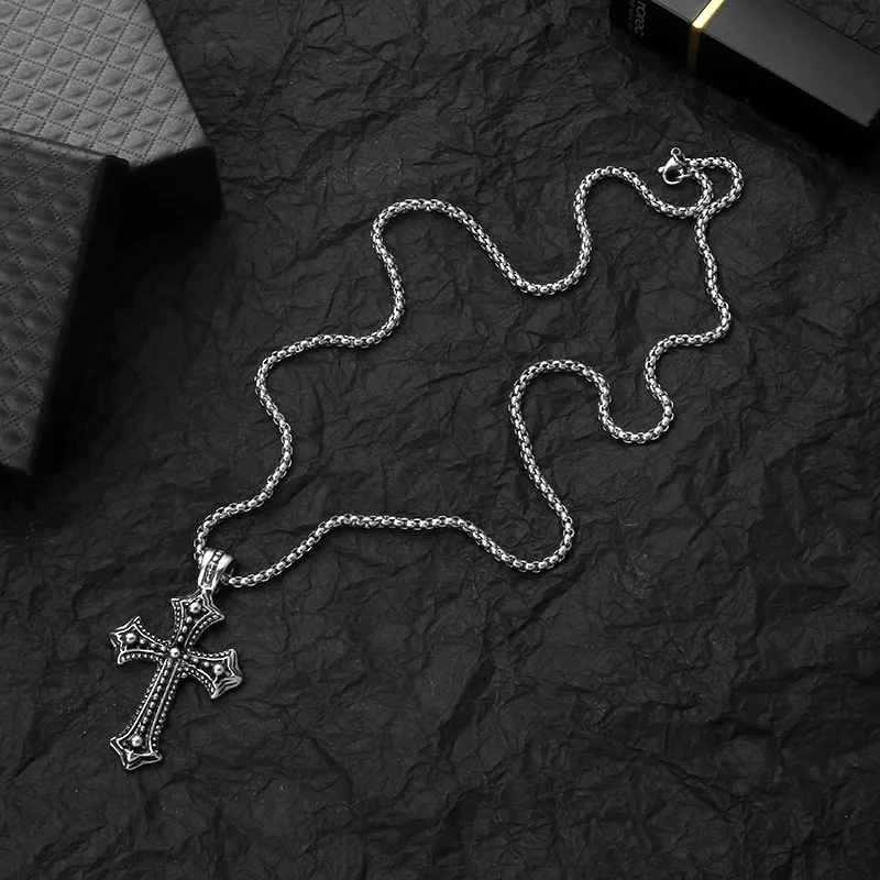 Punk Style Cross Stainless Steel Pendant Necklace for Men Women Casting Carved Totem Sweater Chain Jewelry Gift