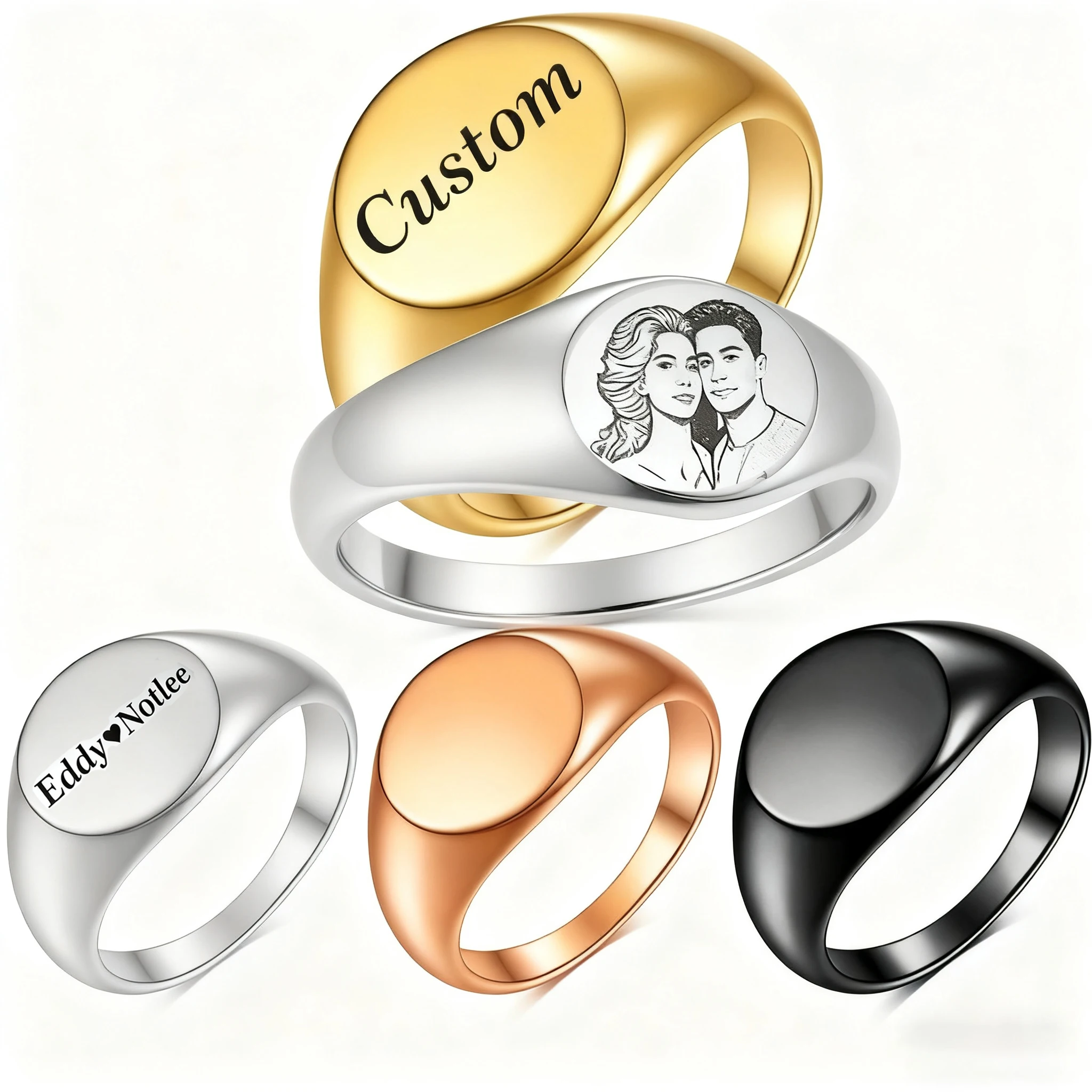 

Круглые кольца с гравировкой логотипа на заказ для мужчин и женщин, обручальные кольца из нержавеющей стали, персонализированные фото-ювелирные изделия, подарки