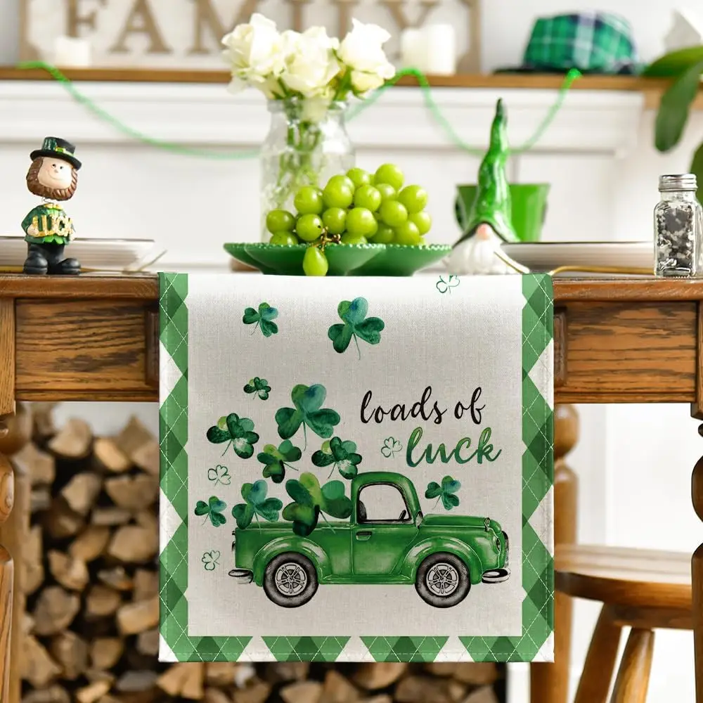 Buffalo Plaid Edge Shamrock Loads of Luck St. Patrick's Day Table Runner Spring Kitchen Dining Table Decoration Home Party Decor