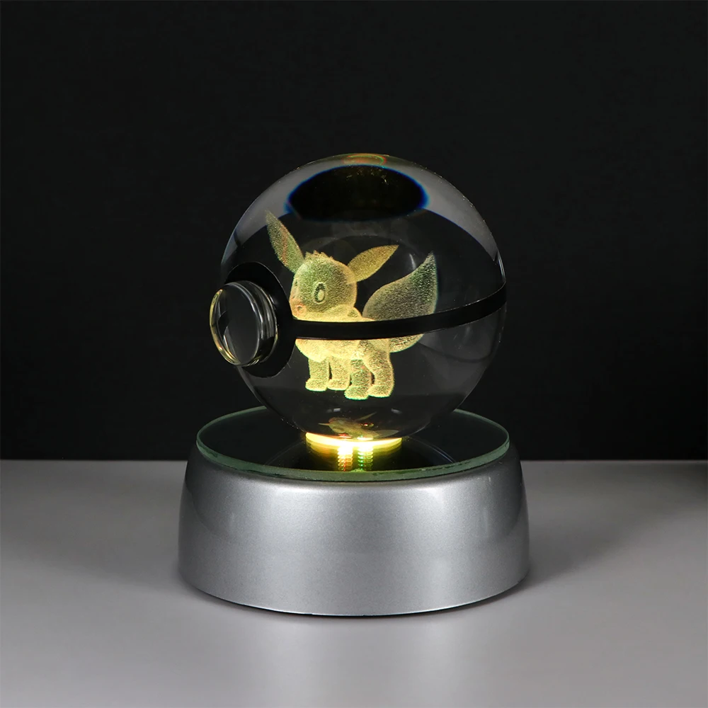Pokemon 3D Kristallkugel Pikachu Figur Pokeball Gravur Kristall Glurak Modell mit LED-Lichtbasis Spielzeug Anime Weihnachtsgeschenk