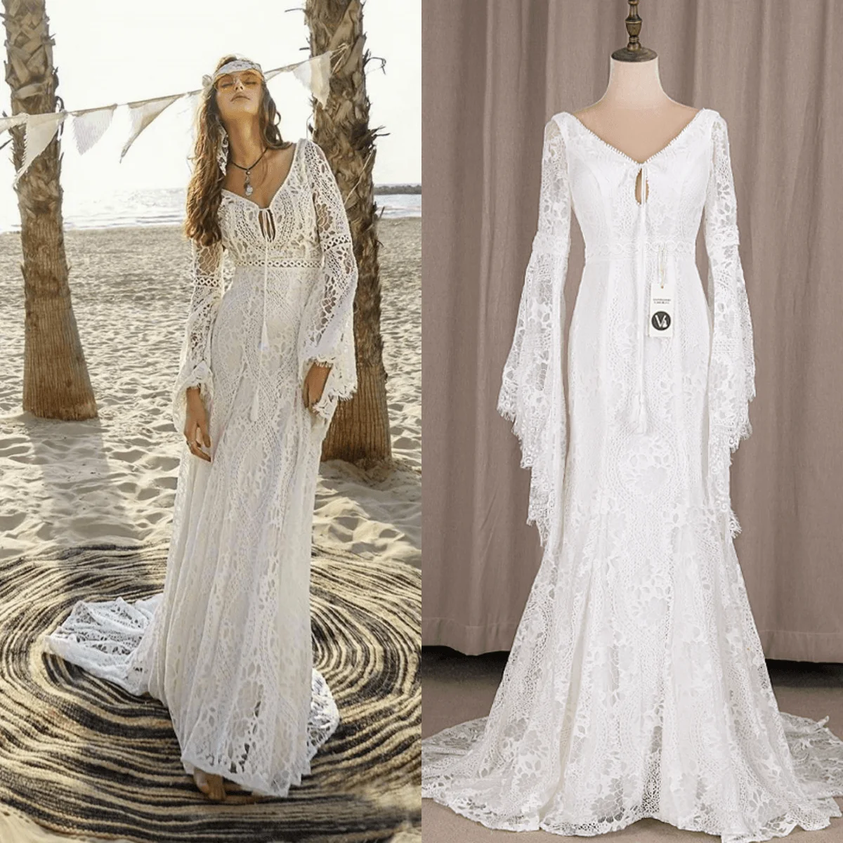 

803# Real Photos Flare Sleeve V Neck Open Back Bohemian A-Line Beach Sweep Train Chiffon Lace Wedding Dress Bride Gown 2021