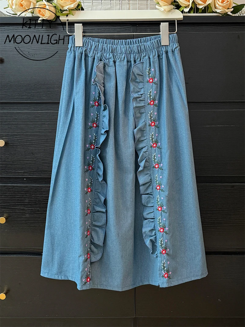 Vintage Floral Embroidery Long Denim Skirt Women Japanese Mori Girl Ruffle A-Line Skirts Autumn Loose Casual Midi Faldas Mujer