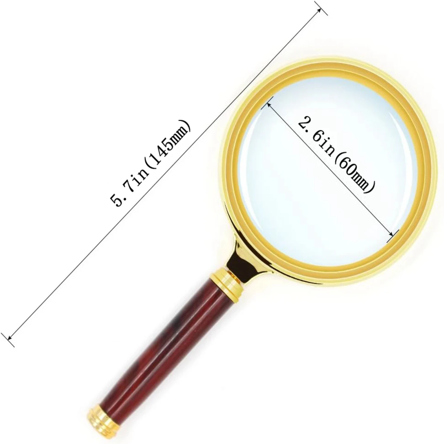 10X Handheld Magnifying Glass Antique Mahogany Handle Magnifier 60mm Lens  Science Seniors Reading Inspection