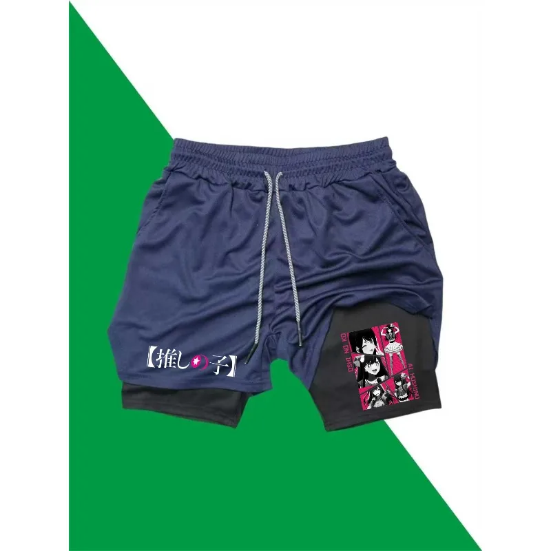 Ai Hoshino الرجال 2in1 السراويل الرياضية تنفس عادية التجفيف السريع طبقة مزدوجة السراويل الصيف تشغيل رياضية قيعان M-3XL