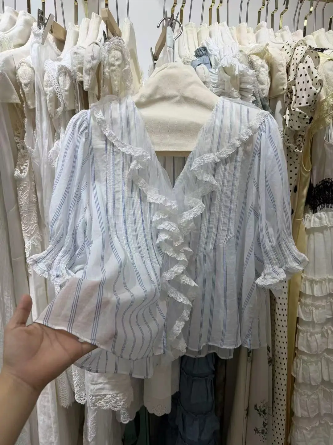 

100% Cotton Female Lace Ruffles Spliced Shirt 2026 Summer Blue Striped V-Neck Single Breasted Short Sleeve Fashion Ladies Blouse