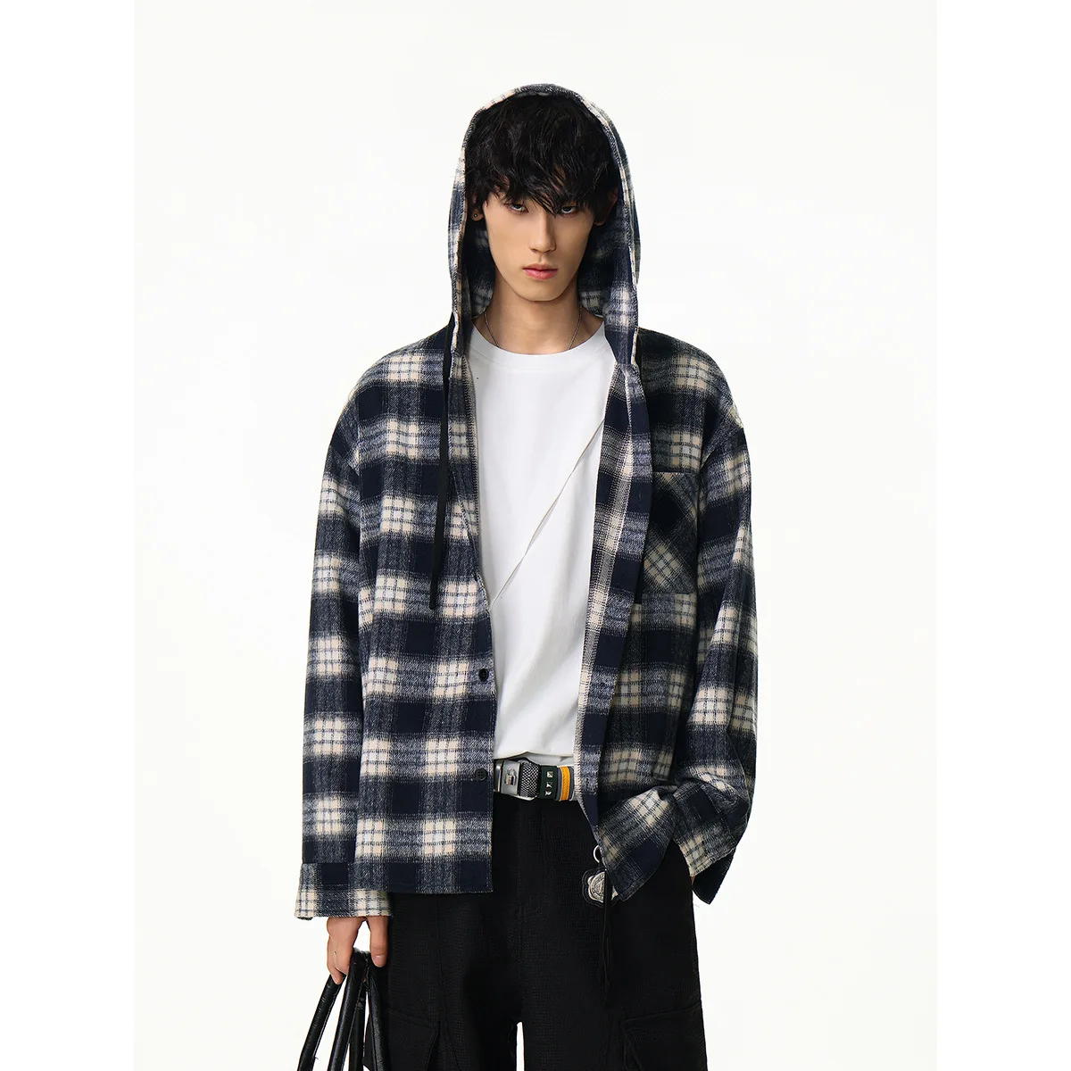 Men Autumn Loose Casual Thick Plaid Loose Casual Hooded Cargo Shirt Coat Women Oversize Shirts Jacket Cityboy Blouses