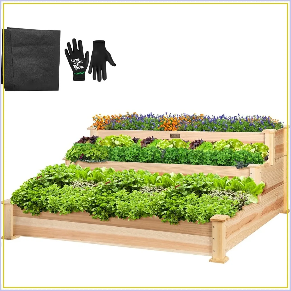 3-Tier Raised Garden Bed Outdoor Wood 48x48x21 Planter Box Kit - 2-in-1 Stack or Flat, 3 Depth Levels, Tool-Free Assembly
