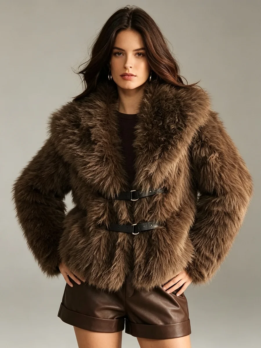 RU Women Short Faux Fur Coat Large Lapel Collar Black Belt Buckle Decor Long Sleeve Cropped Jacket