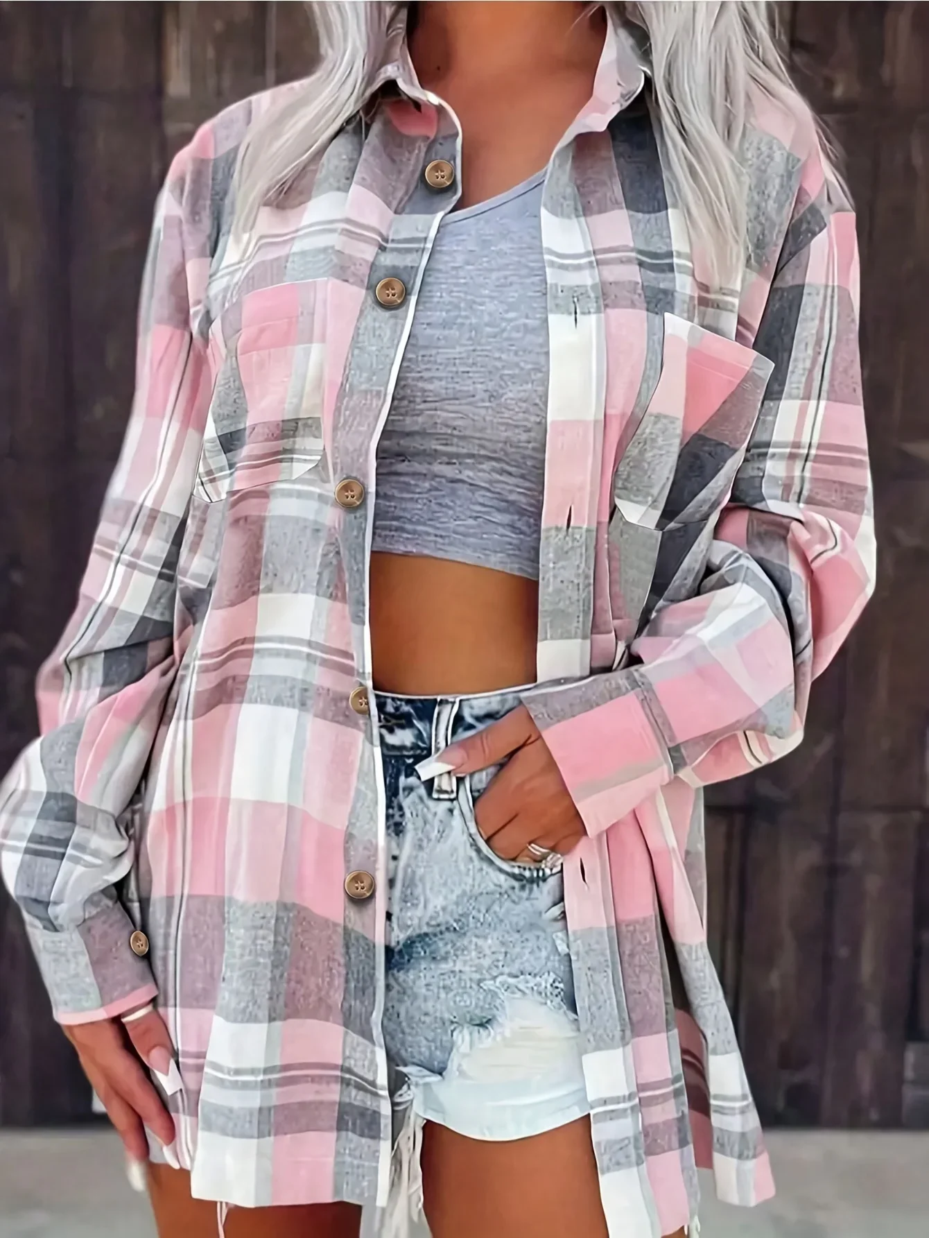 

Plus Size 1XL-5XL Fashion Women's Casual Loose Long Sleeved Shirt Lapel Design Shirt Tops Plaid Printed Shirt