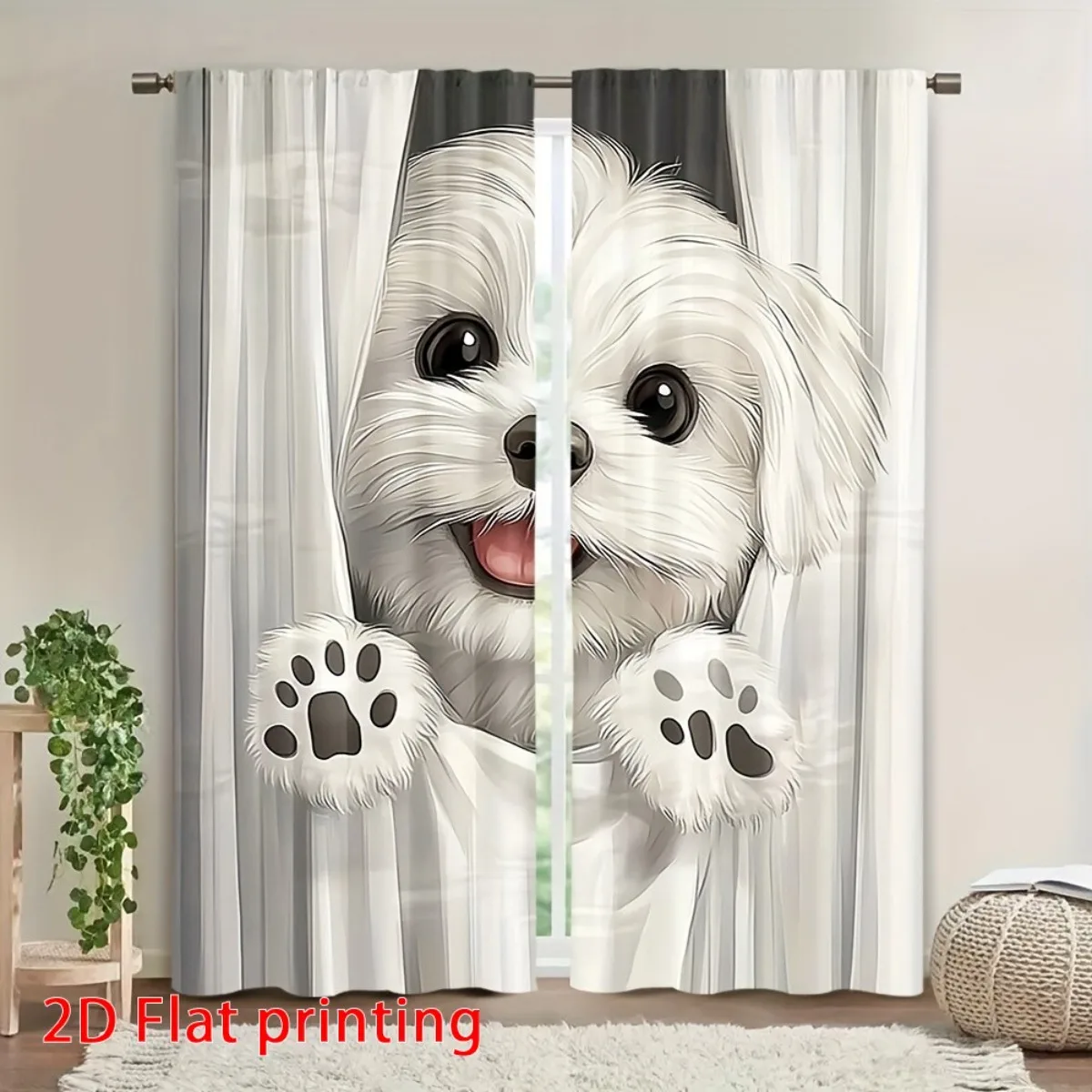 Peeking Fluffy Dog Window Curtains 2 Panels, Cartoon White Maltese Puppy Paw Soft Grey Striped Vivid Print for Girl Room Curtain
