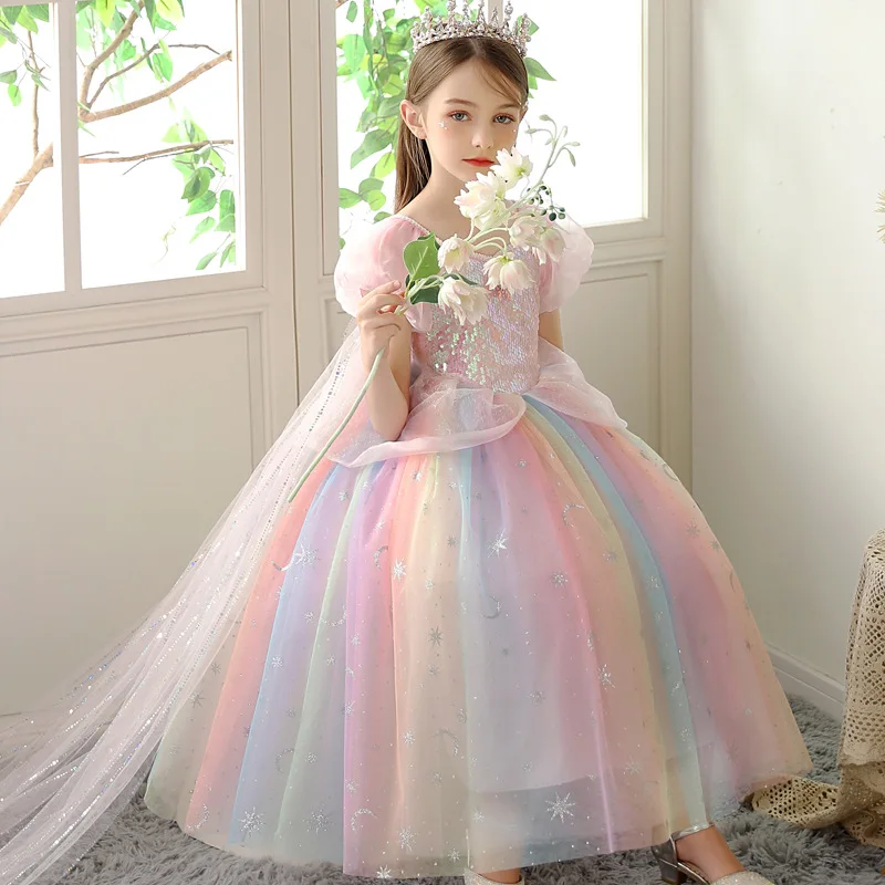 Summer Girls\' Dress New Ice and Snow Fantasy 2 Girls\' Princess Dress Aisha Pink Colorful Children\'s Birthday Performance Dress