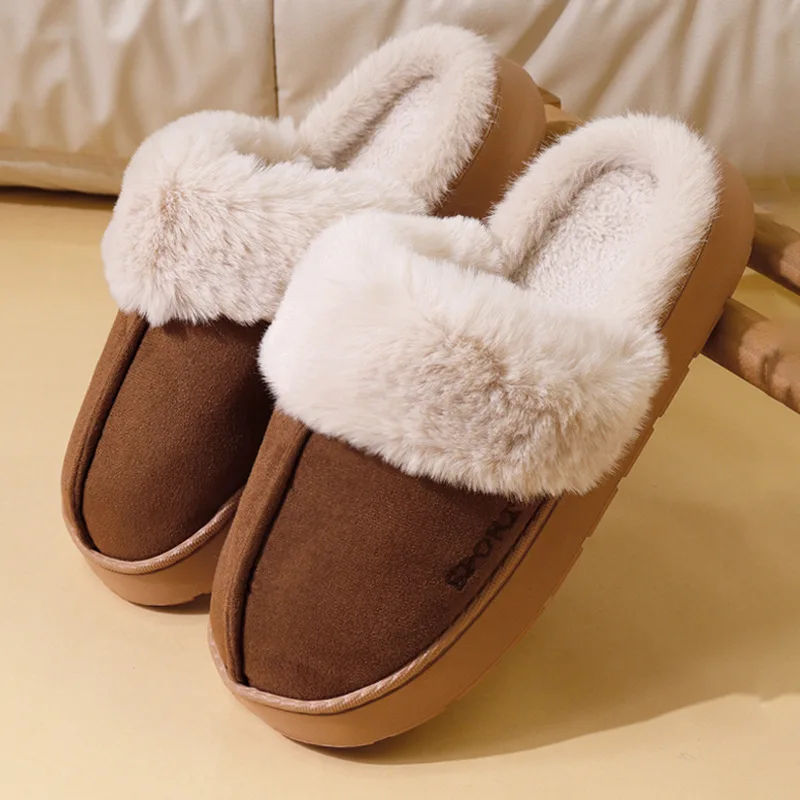Casual Fluffy Slippers Women House Winter Plush Designer Shoes Ladies Flats Home Warm Fashion Elegant Solid Platform Footwear view 2