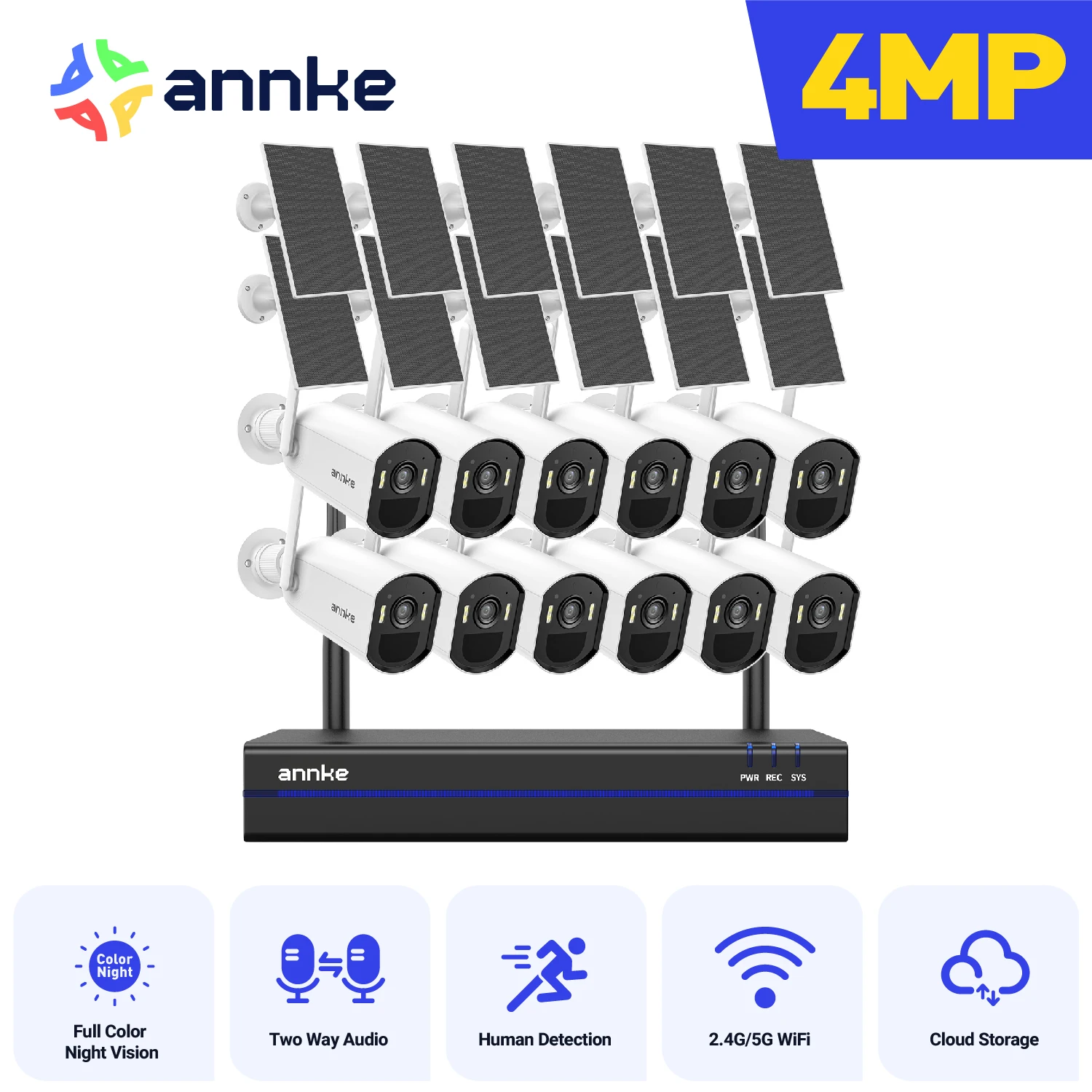 ANNKE 4MP Solar Security Cameras 16CH NVR 4/6/8/12 PCS WiFi Camera Wireless PIR Night Vision WiFi 6 + Bluetooth Connect 4MM Outdoor wifi camera