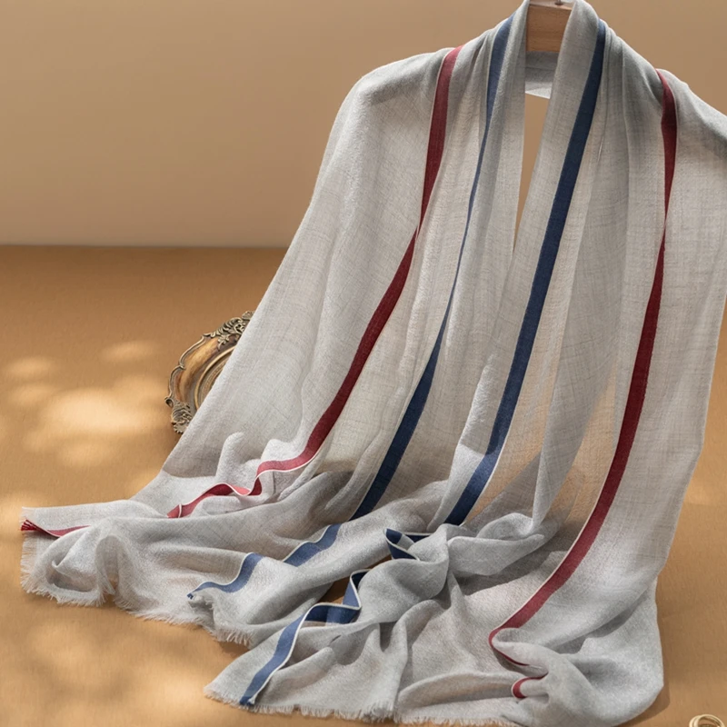 Pure Goat Cashmere Rectangular Shawl High Quality Four Seasons Can Wear Women Thin Temperament Elegant Striped Scarf Shawl