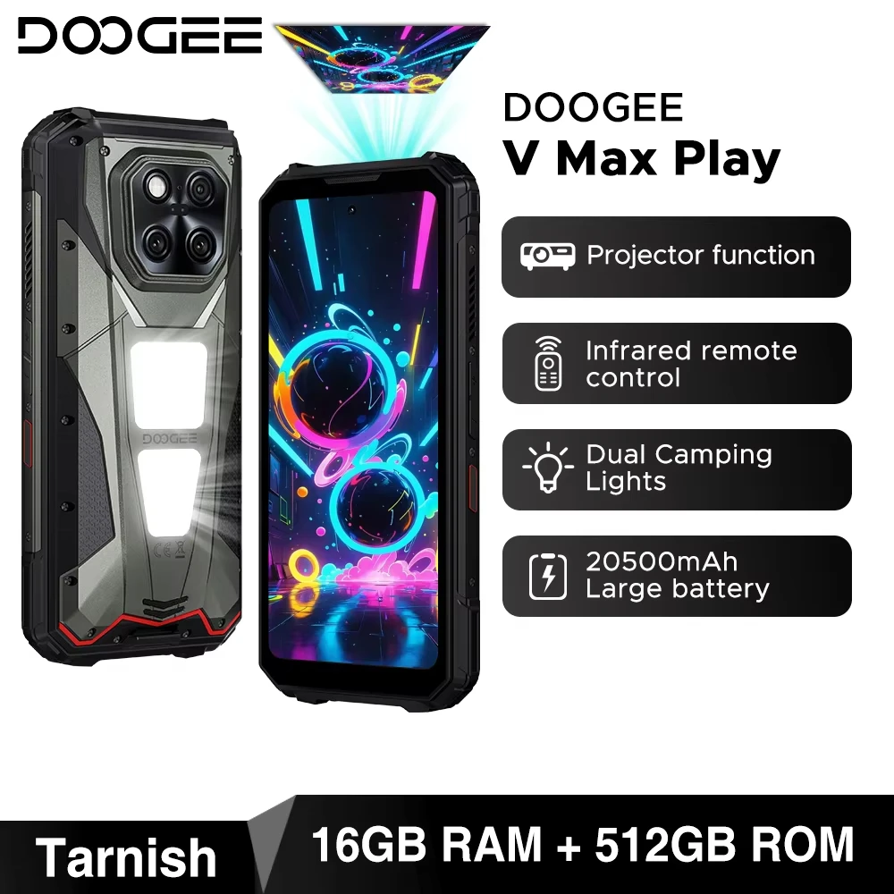 DOOGEE V Max Play 5G-projector Robuuste telefoon 6,78-inch display 20500 mAh batterij Dubbele campingverlichting Afmeting 7300 NFC-smartphone