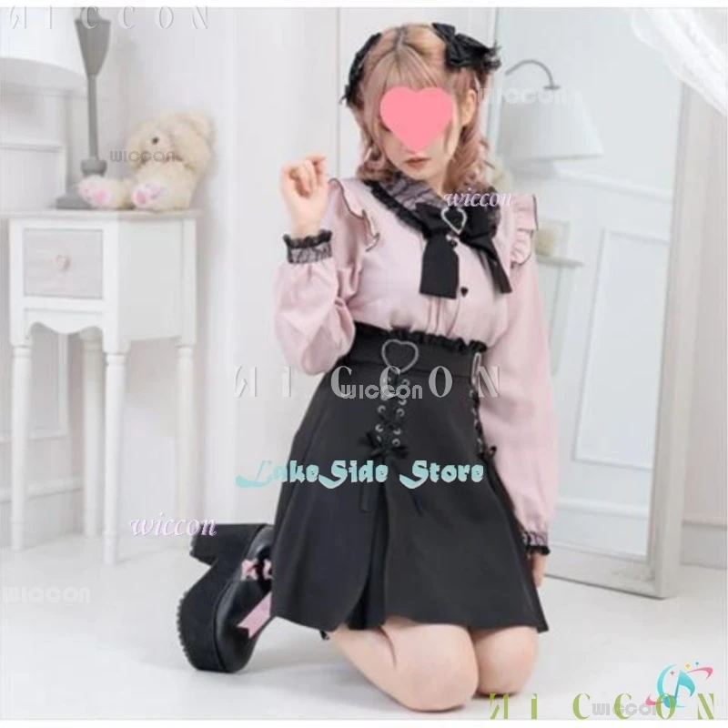 女の子用長袖Tシャツ,女の子用長袖シャツ,ピンクと黒のドレス,かわいいロールプレイセット,y2kトップ,日本のリボンブラウス