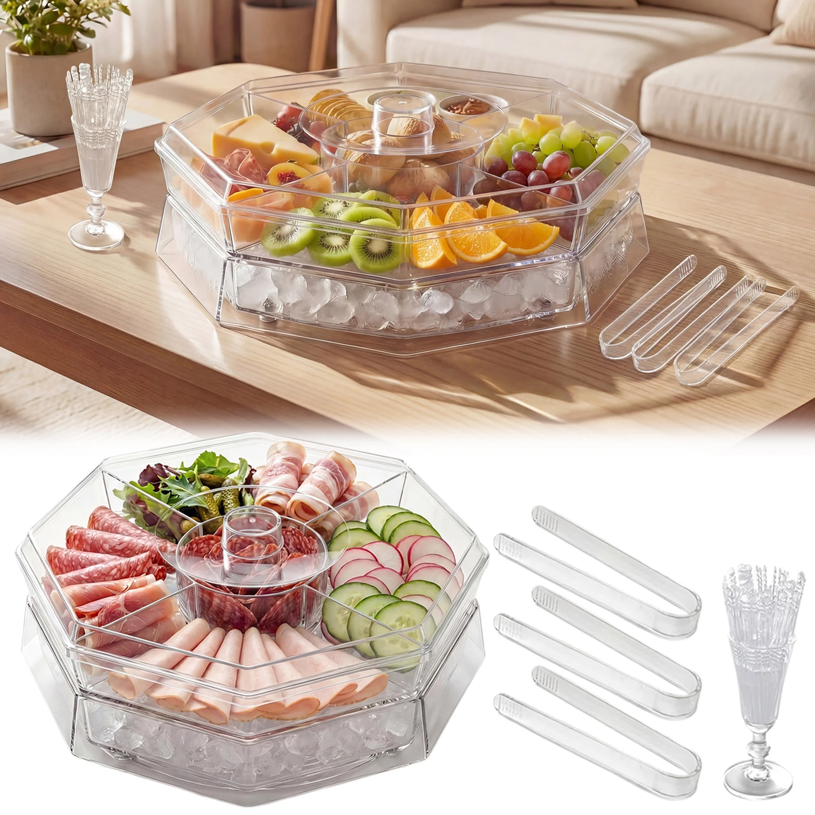 Fruit Ice Serving Platter For Parties Plastic Chilled Serving Tray Multipurpose Platter With Ice Chamber For Veggies Shrimp