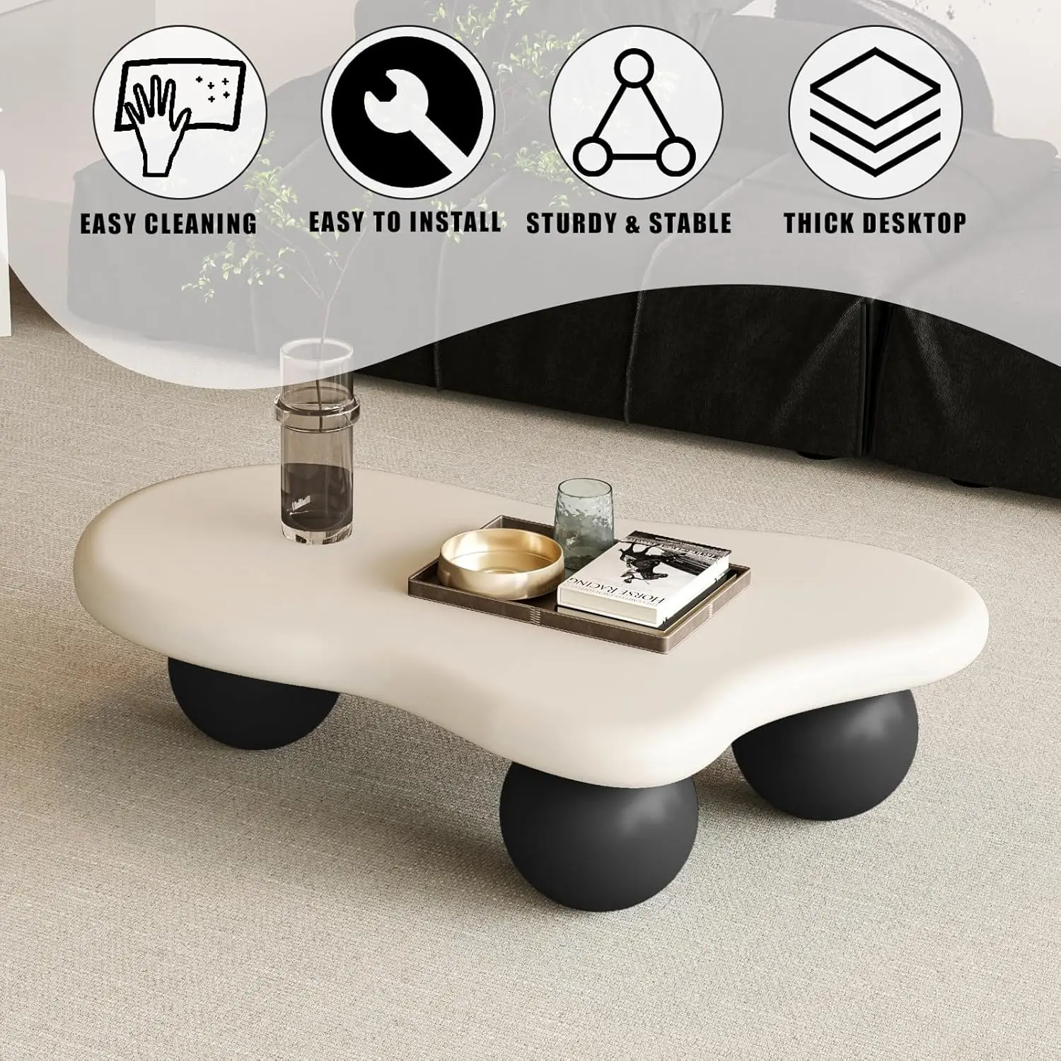 Modern Cloud Coffee Table With 3 Ball Legs, Cute Irregular Shaped Coffee Table, Low Center Table Tea Table For Small Space Livin