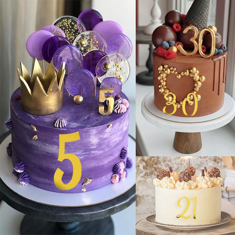 Golden Acrylic Number Cake Toppers Happy Birthday Digital 0-9 Cake Decoration For Wedding Kids Birthday Cake Decor Baking Tools