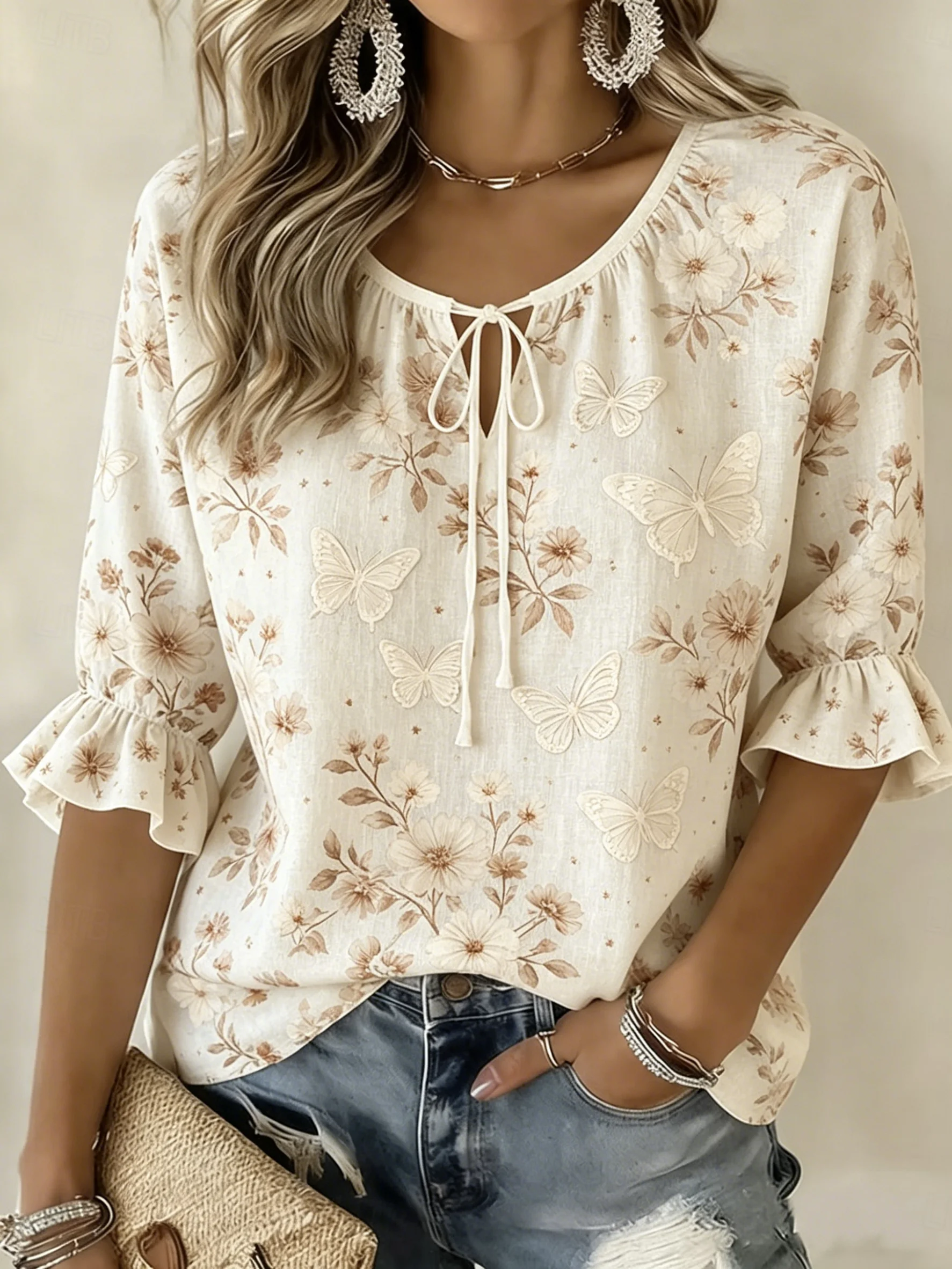 

Women's Beige Floral & Butterfly Print Tie Neck Blouse, Casual Loose Tops for Spring Summer Daily Wear & Vacation Occasions