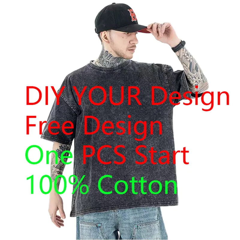 Personalized custom casual T-shirt - DIY your own design (such as photos or logos) - Washed vintage fashion men's shirt