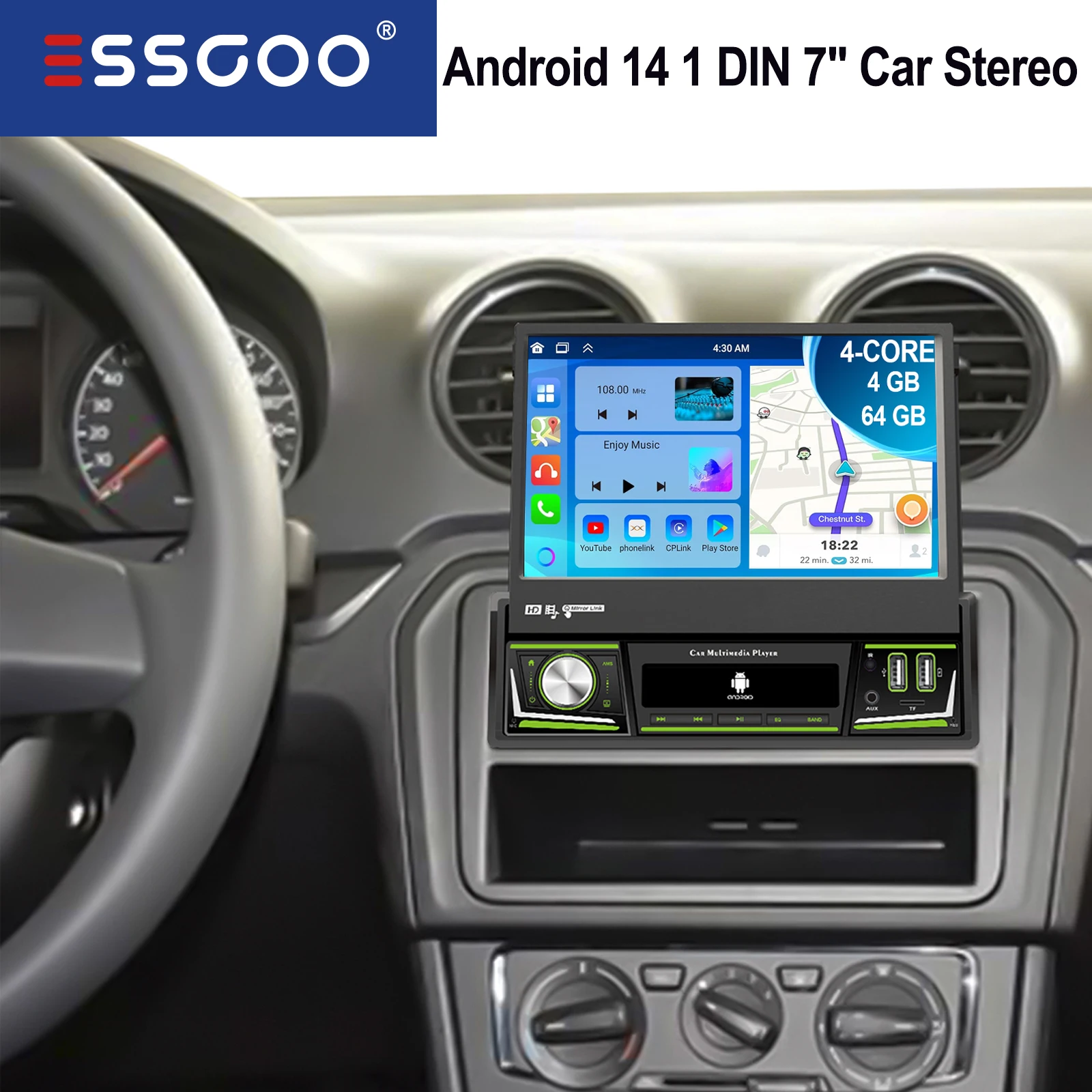 ESSGOO Android 14 1 DIN Pantalla desplegable 7 pulgadas Autoestéreo Carplay inalámbrico Android auto Nave GPS WIFI BT FM Ecualizador Control del volante USB Enlace espejo Luz 7 colores Sonido ASP Reproductor Multimedia