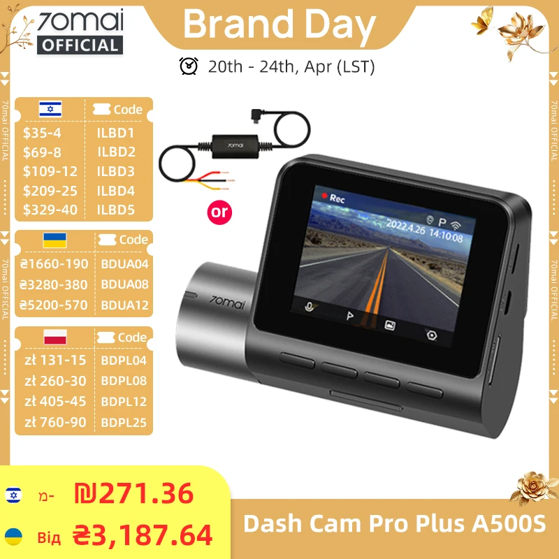 70mai A500S Recorder Car DVR Front Cam A500S 1944P Night Vision