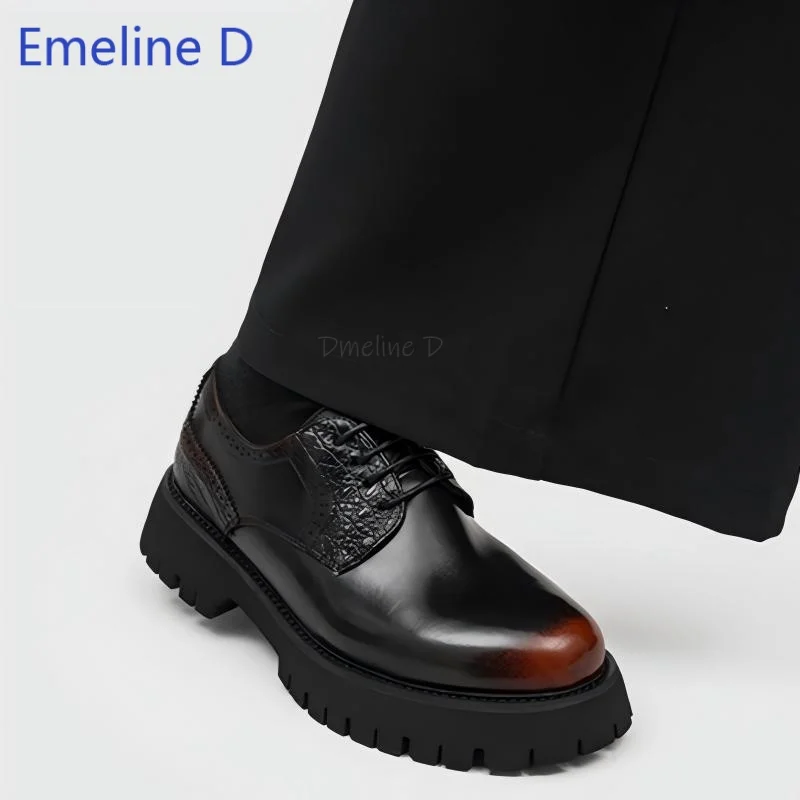 Lace Up Platform Derby Shoes Mixed Gloss Crackled Leather Upper Vintage Burnished Toe Round Toe Casual Closed Toe Footwear