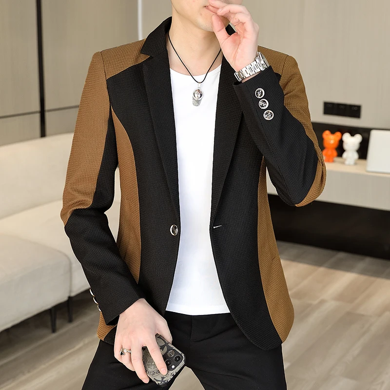 Korean Fashion Patchwork Suit Jacket for Men Slim Fit Casual Men Blazers Business Social Blazer Masculino Streetwear 2024 Spring