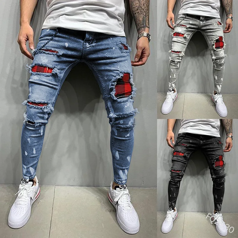 New Men Street wear Ripped pants  BlackSlim-fit Denim fabric Three-colour Penci l Stretch  Casual pants Skinny K-pop men's jeans