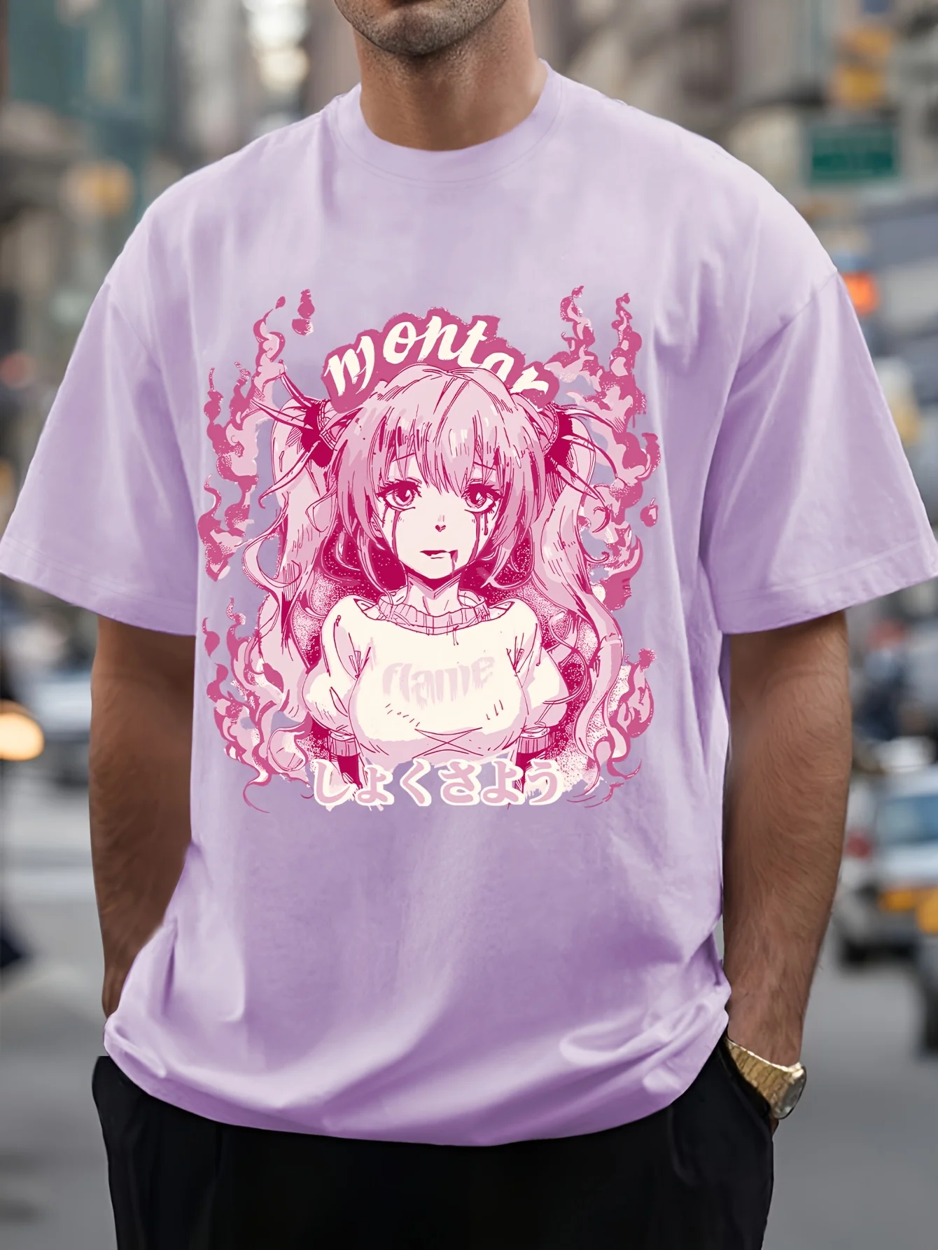 

Anime Pink Girl Graphic Print, Men's Round Neck Short Sleeve T-shirt, Casual Comfy Lightweight Top For Summer
