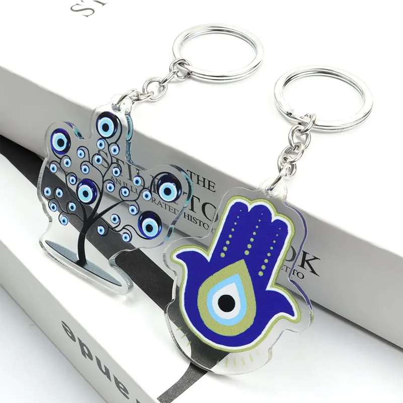 Turkish Blue Evil Eye Hamsa Hand Acrylic Keychain Mysterious Eyes Fatima Hand Keyring Bag Keys Pendant Men Women Jewelry Amulet