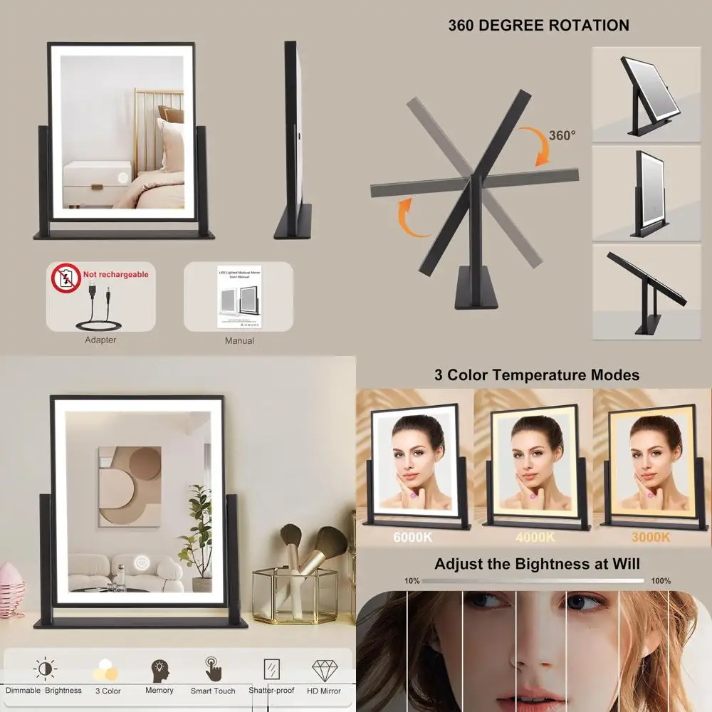 مرآة مكياج بإضاءة LED 15.3 مع تحكم باللمس، 360 درجة ° دوران، 3 أوضاع إضاءة، أسود #1