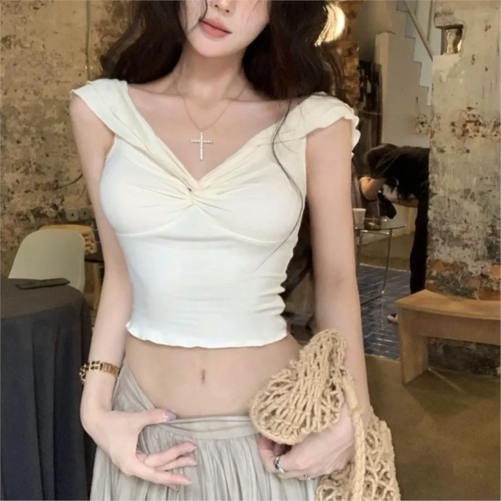 Black Ear-trimmed Pleated Trendy T-shirt For Women Summer One-shoulder Short Slimming And Sweet Hot Girl Top