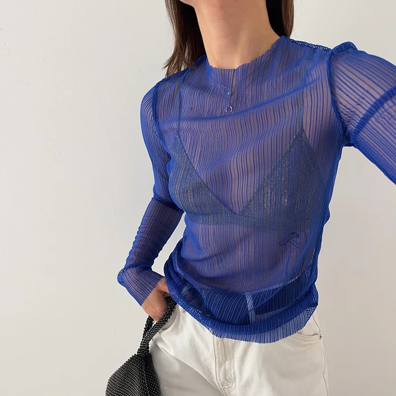 

Women's Summer New Round Neck Long-sleeved Mesh See-through T-shirt Blue Top Slim Sexy Wind