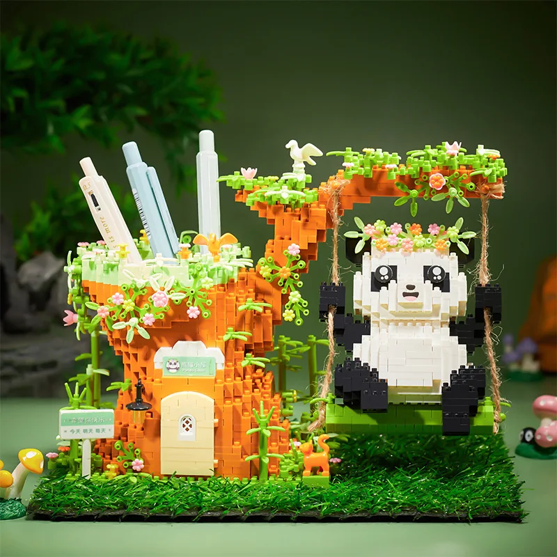 Kawaii Swing Panda Pen Holder Micro Building Blocks 3D Animal Table Container Mini Chinese Brick Figures Toys For Kid Santa Gift