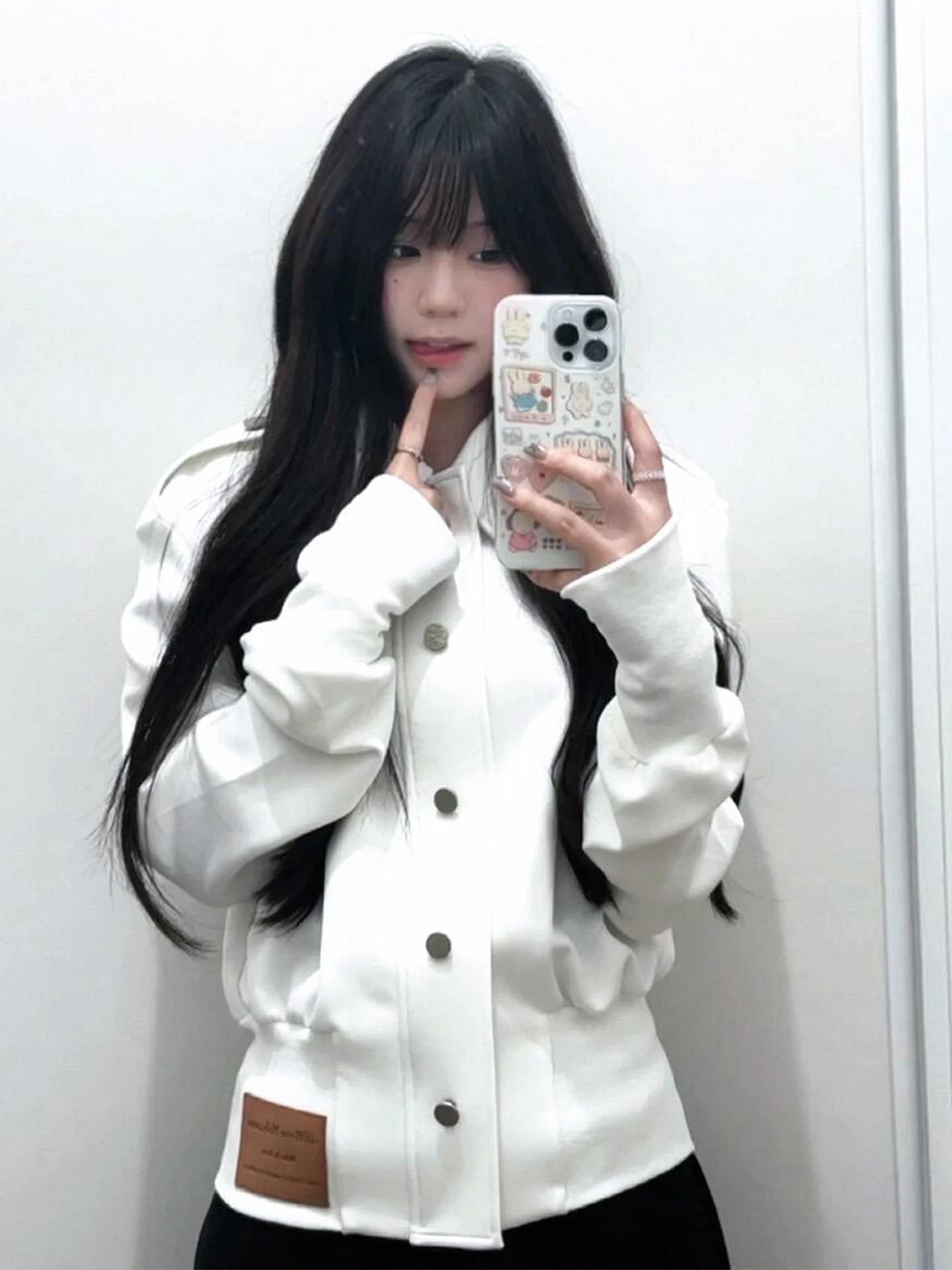 Retro Koreanische Weiß Stehkragen ort Jaet frauen Herbst Winter Lose Casual Design Sinn Top Blume Ling Polyester Mischung