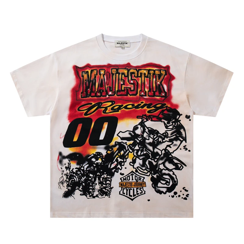 Men Vintage Tie Dye Hotfix Rhinestone Majestik T-Shirt Motorcycle Racing 00 Number Graphic Short Sleeve Y2K Hip Hop Streetwear