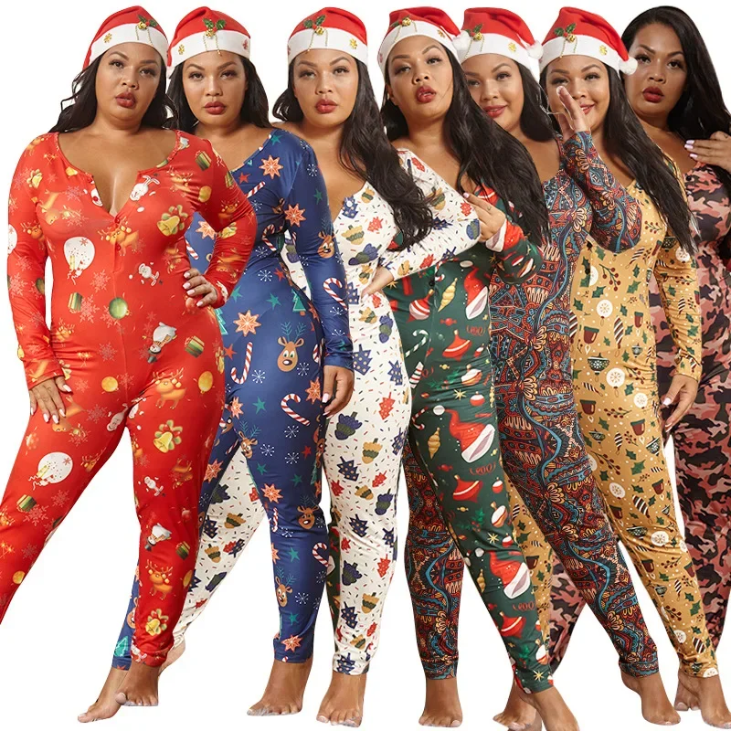 Christmas Printed Knitted Jumpsuit Women 2023 Winter Long Sleeve Crew Neck Single Breasted One Piece Overalls Pajamas S-5XL