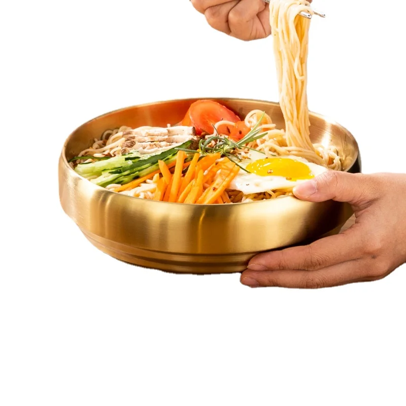 

Korea cold noodle bowl, golden double-layer mixed rice, super-thick stainless steel anti-fall and anti-scalding bowl.