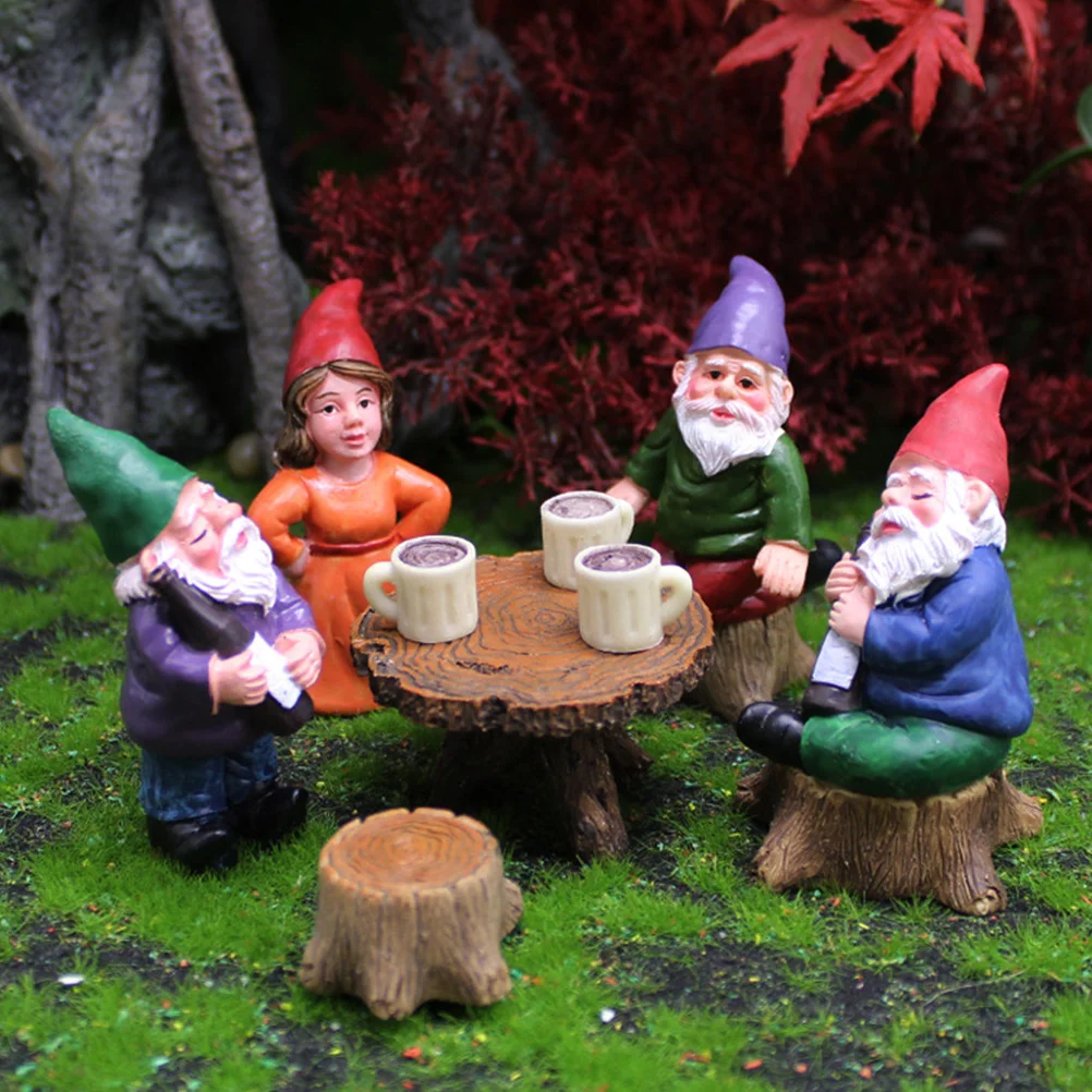 

6pcs Miniature Garden Gnomes Statue Resin Fairy Figures Table Chair For Bonsai Plant Pots Decor Outdoor Yard Landscape Dwarfs